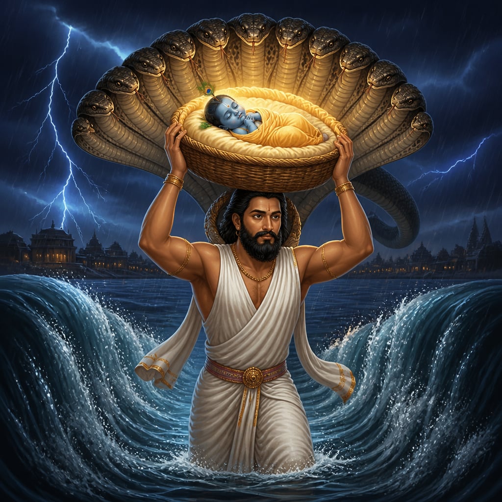 Vasudeva carries the newborn Krishna across the parted Yamuna at midnight as Shesha shelters them.