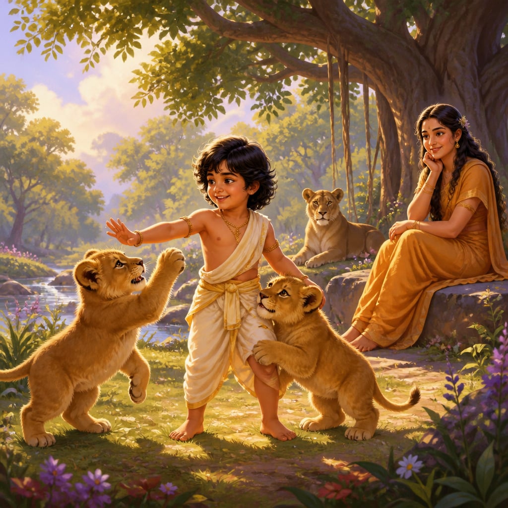 The young Bharata, the emperor for whom Bharata-varsha is named, plays fearlessly with lion cubs in a forest clearing.