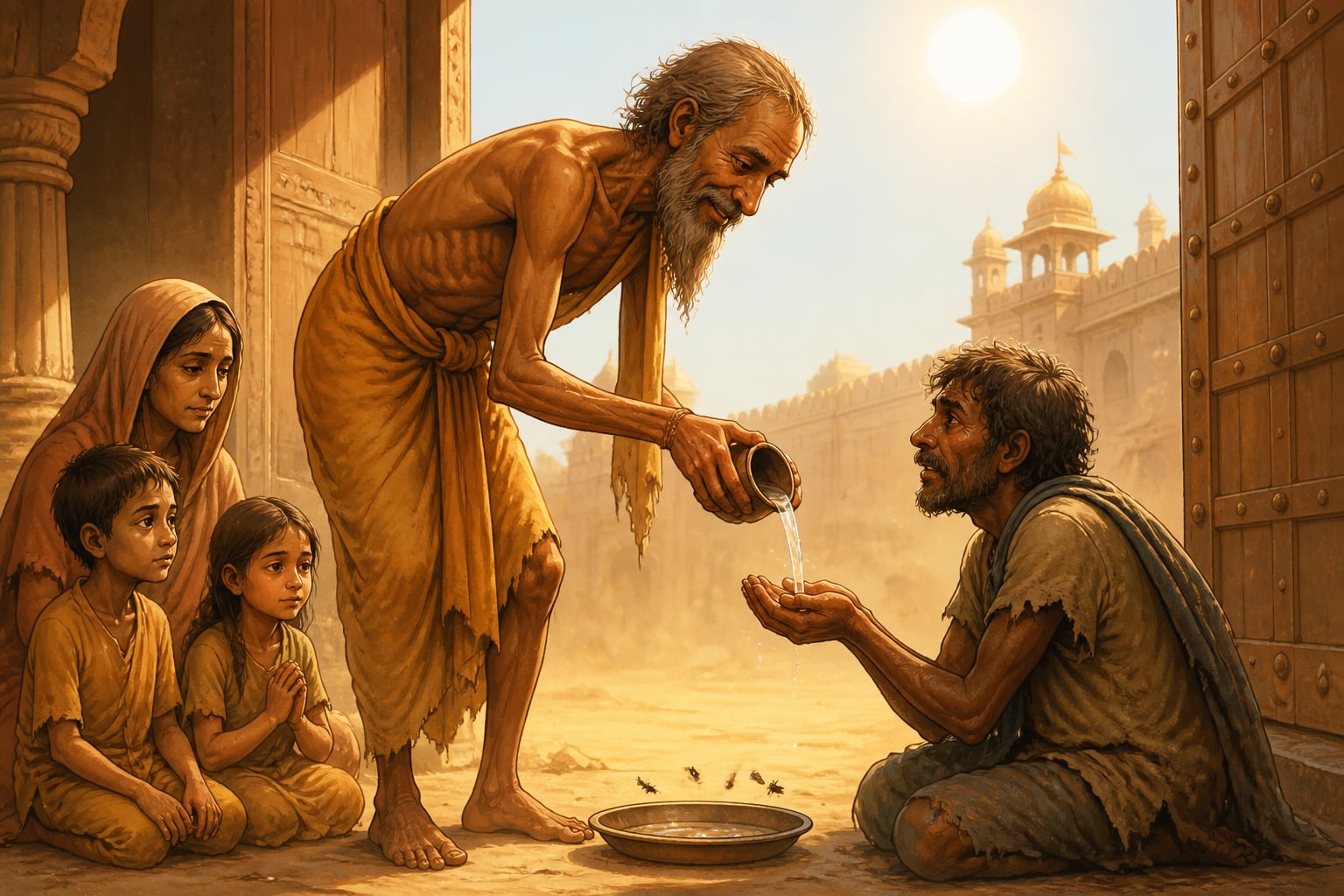 Rantideva giving his last water to a thirsty traveller