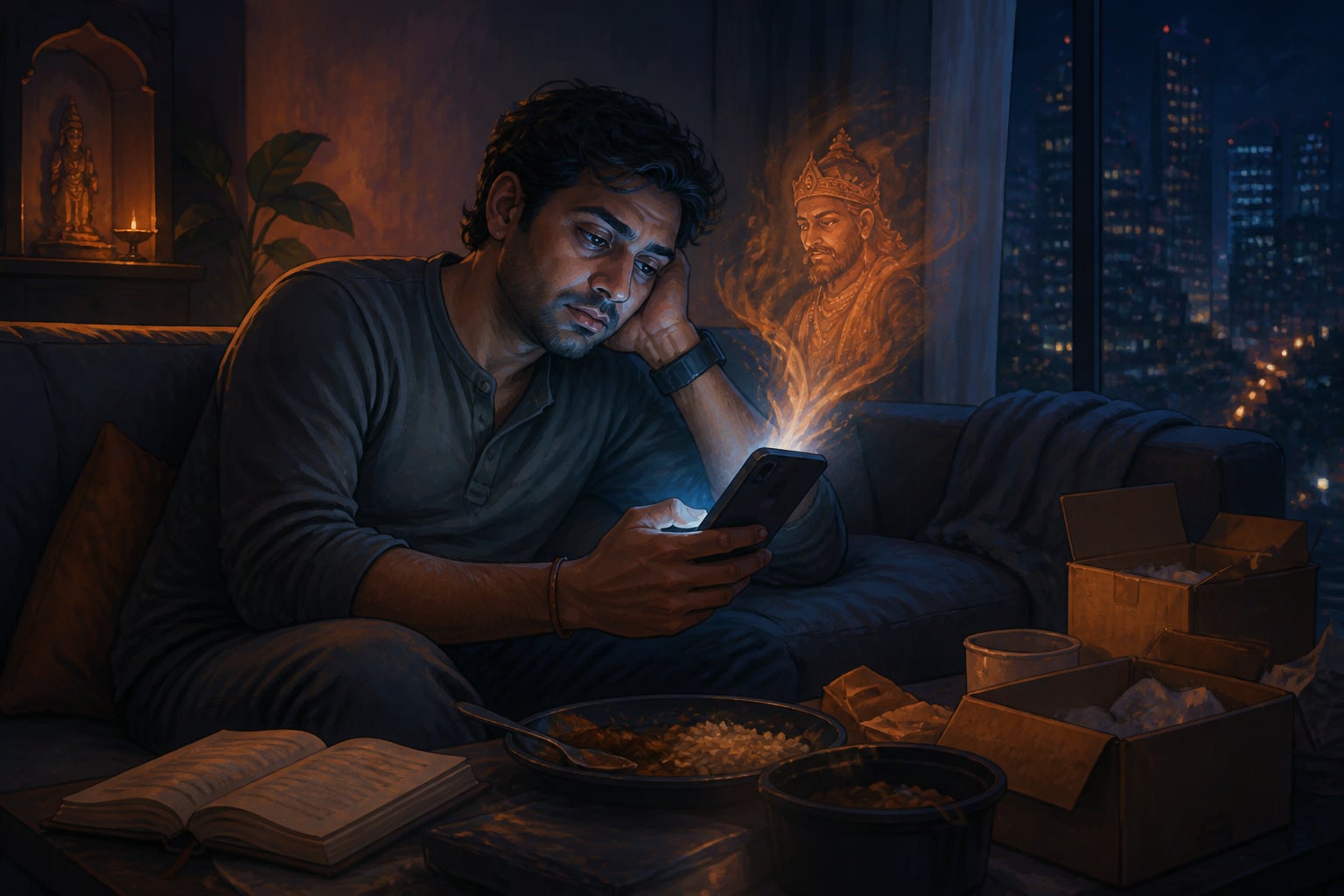 A modern person caught on the hedonic treadmill of late-night scrolling