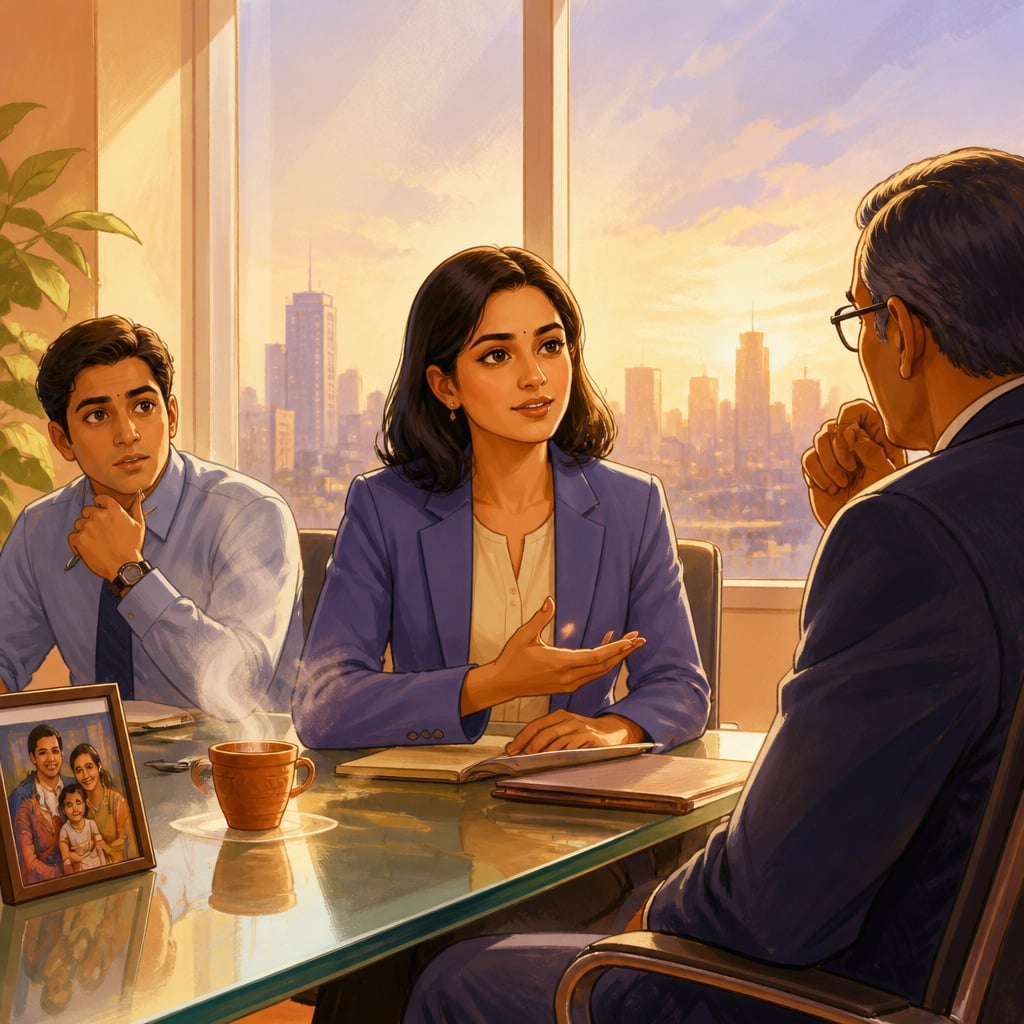 A young Indian professional speaks a difficult truth calmly in a morning office meeting.
