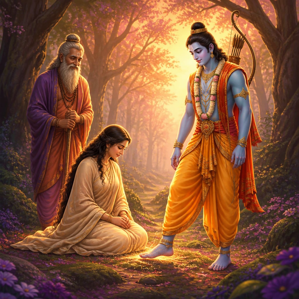 Ahalya restored from stone, seated serene with hands folded as young Rama stands nearby