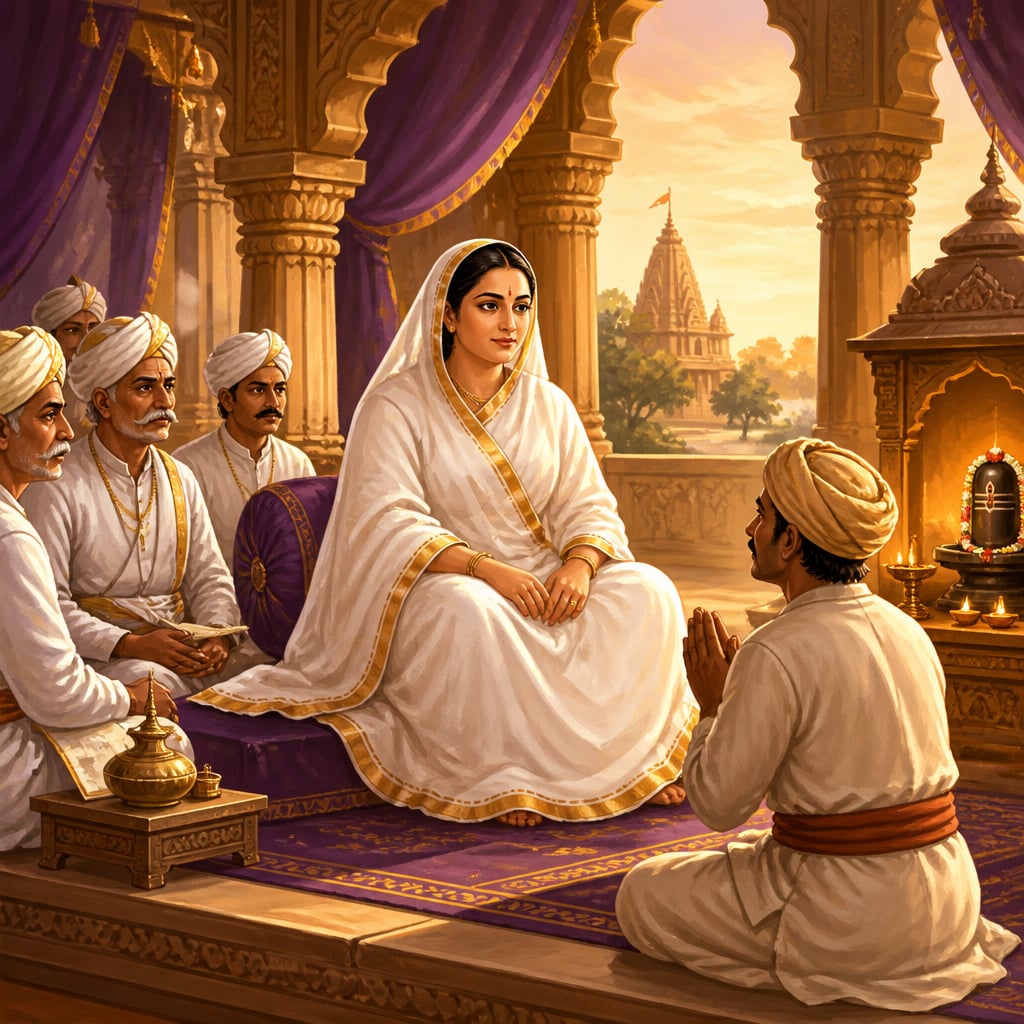 Ahilyabai Holkar hears a village farmer's petition in her open-air court