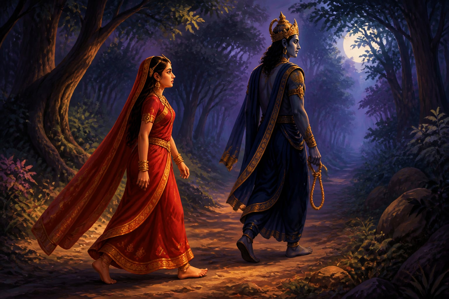 Savitri walking determinedly after Yama through the forest