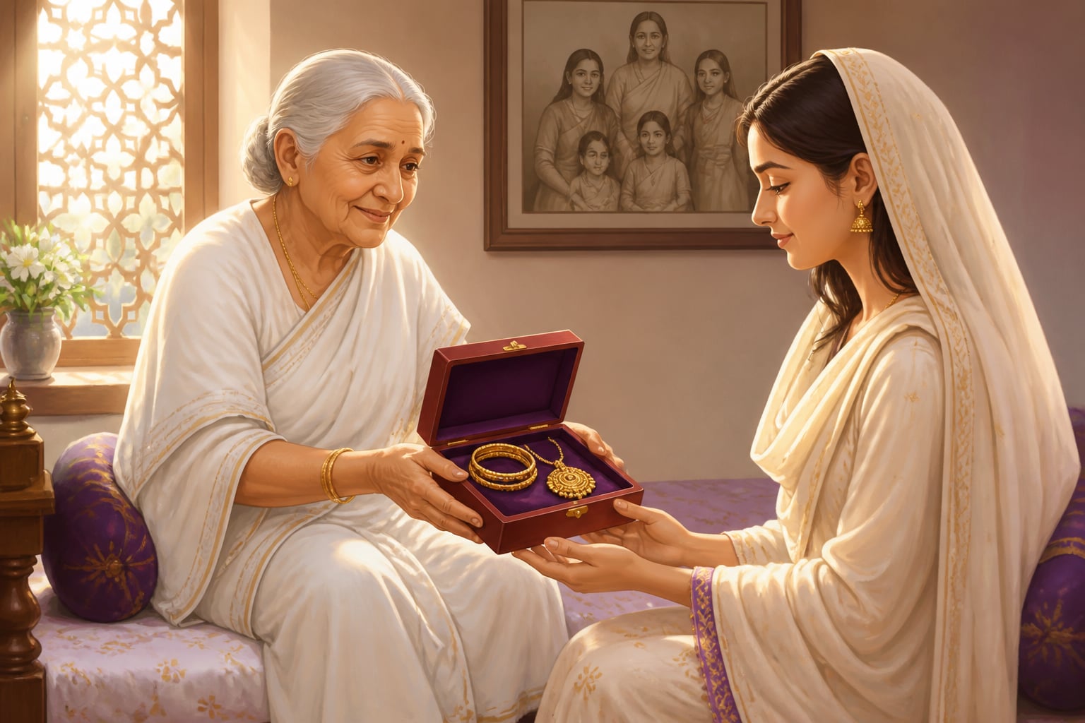Grandmother passing stri-dhan jewelry to her bride granddaughter