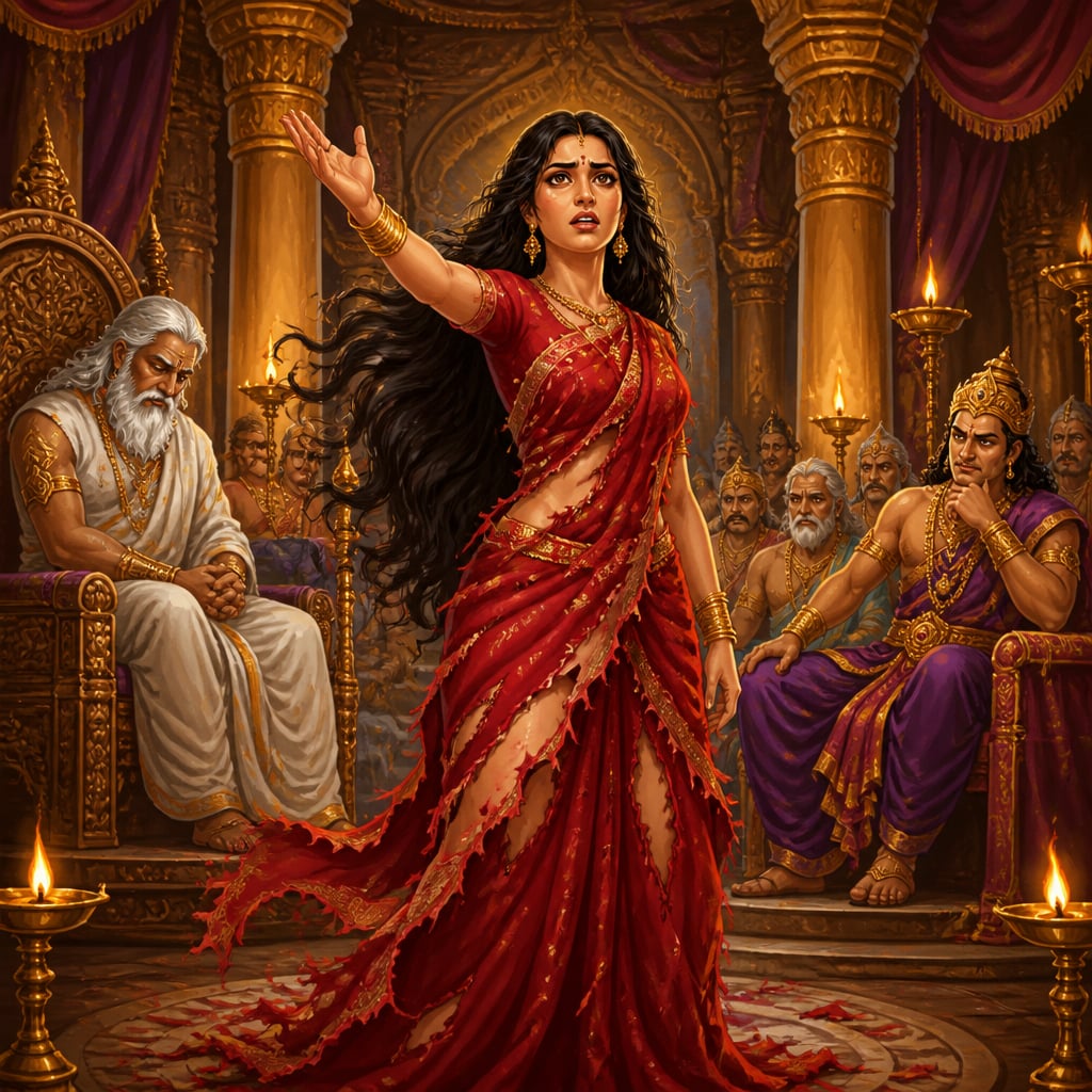 Draupadi standing unbowed in the Kuru assembly hall, questioning the silent elders