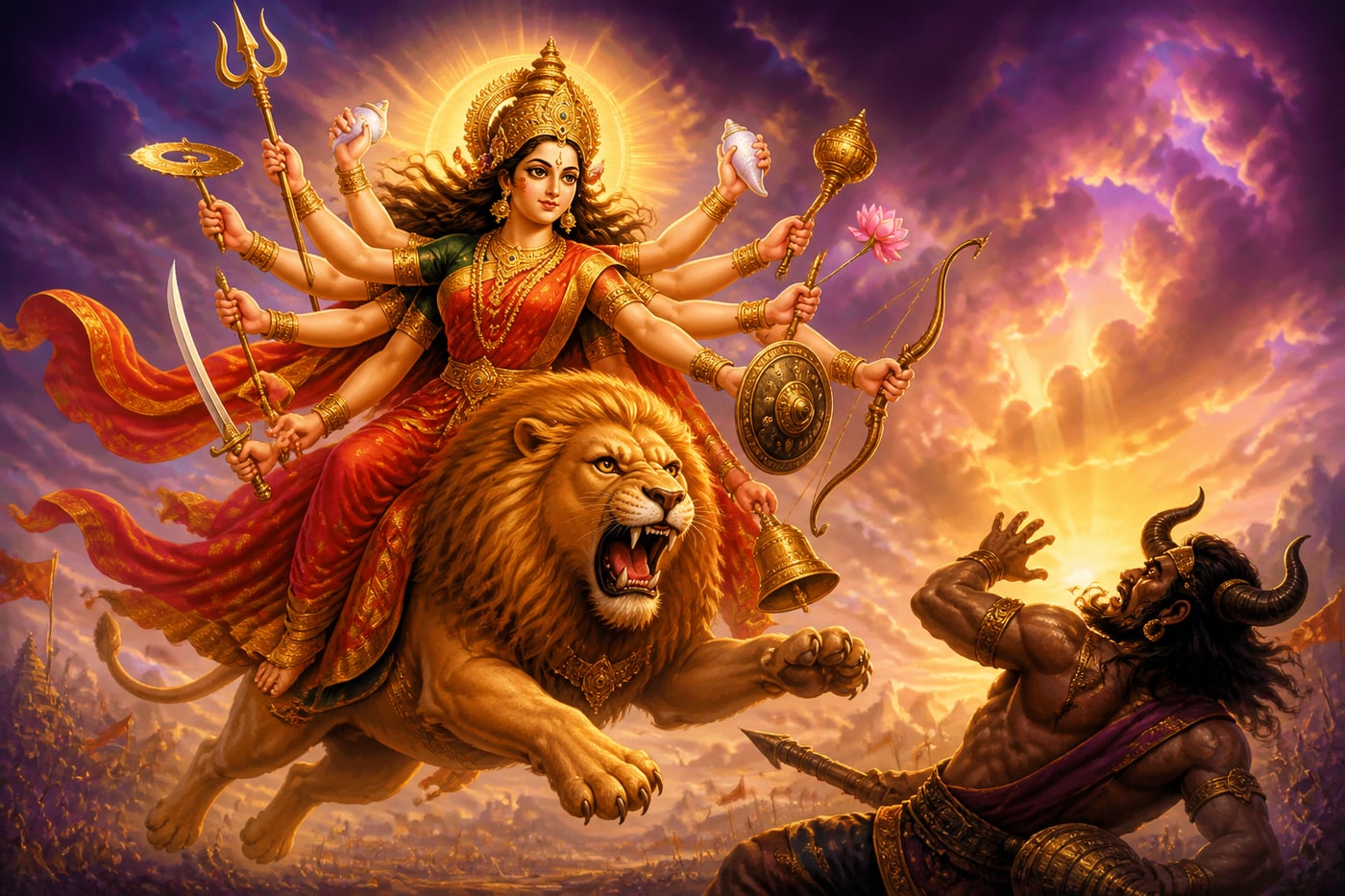 Goddess Durga on her lion with ten armed weapons