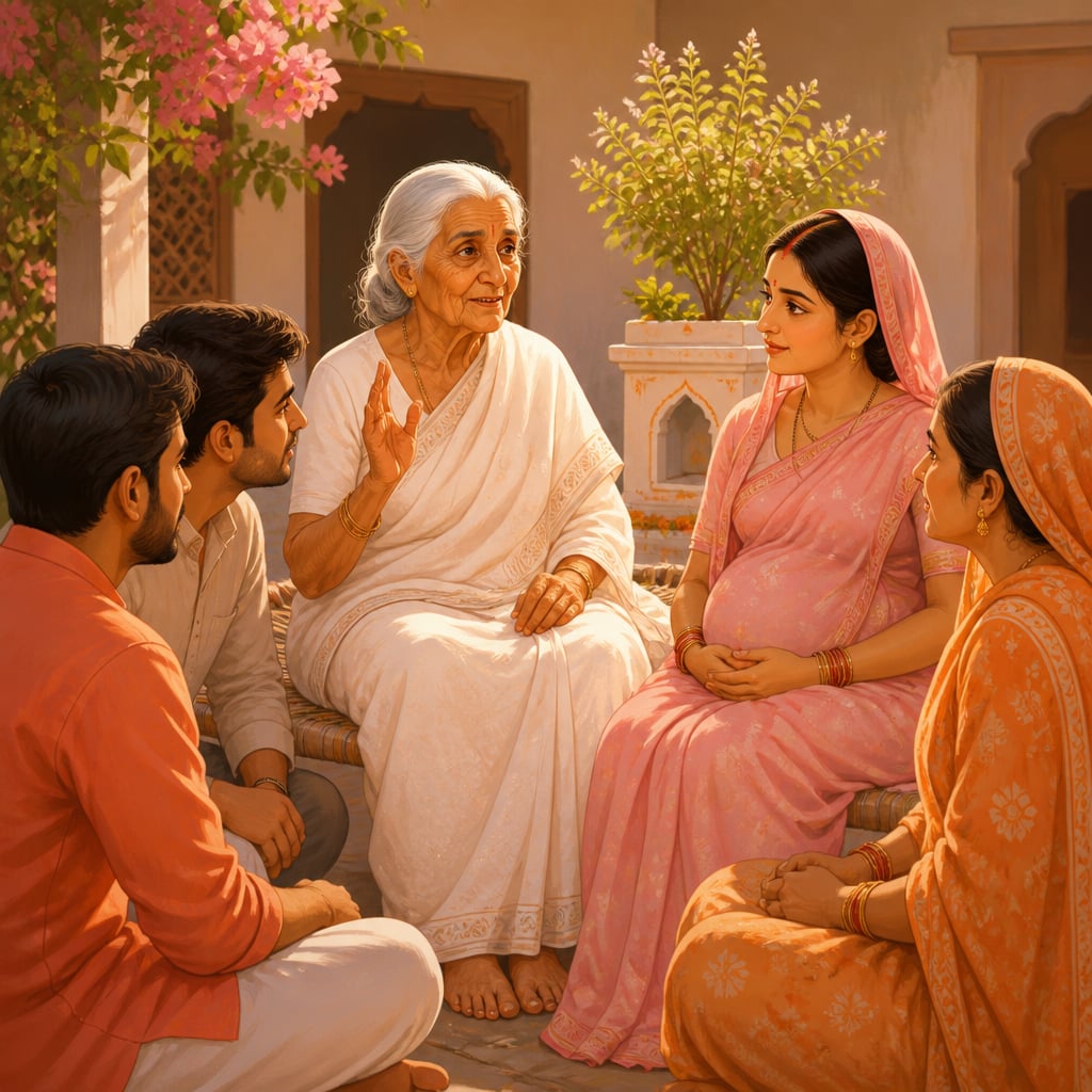 Dadi seated on a charpai addressing her family in a Rampur courtyard