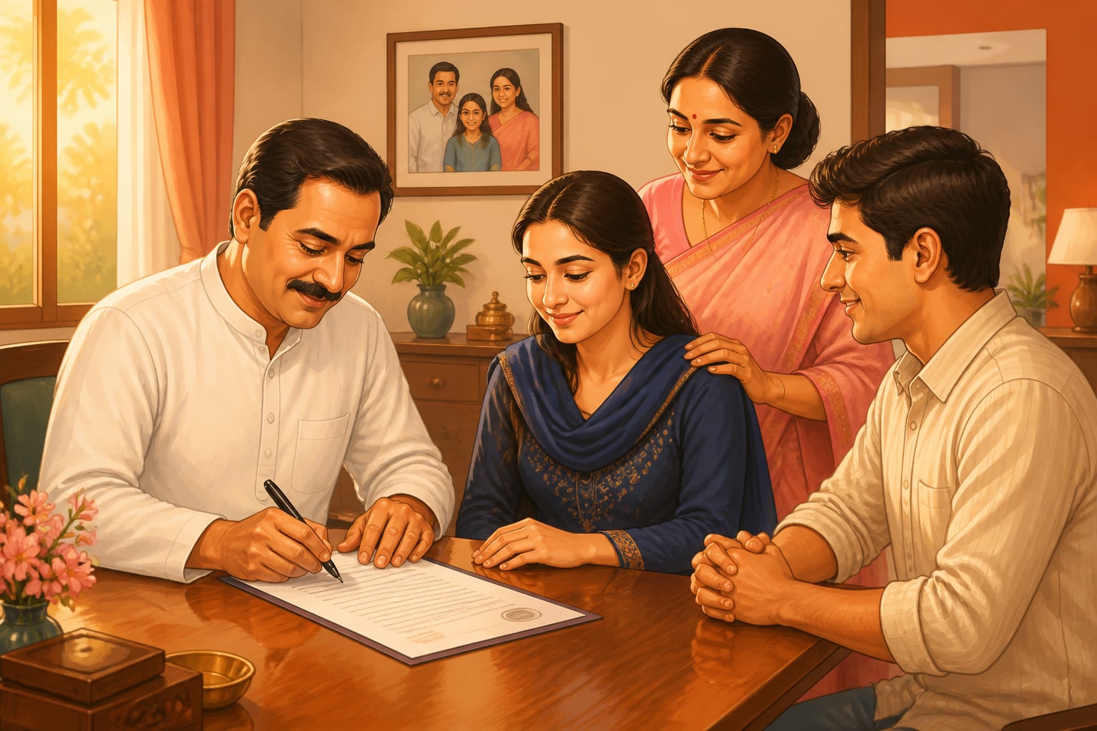 A modern Indian family signs equal property documents
