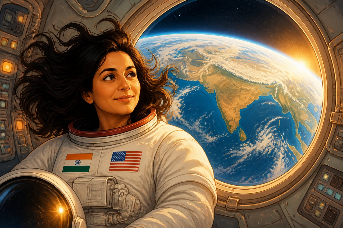 Kalpana Chawla in orbit looking down at India