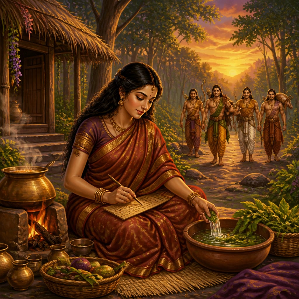 Draupadi manages the Pandava household outside their forest hermitage in exile