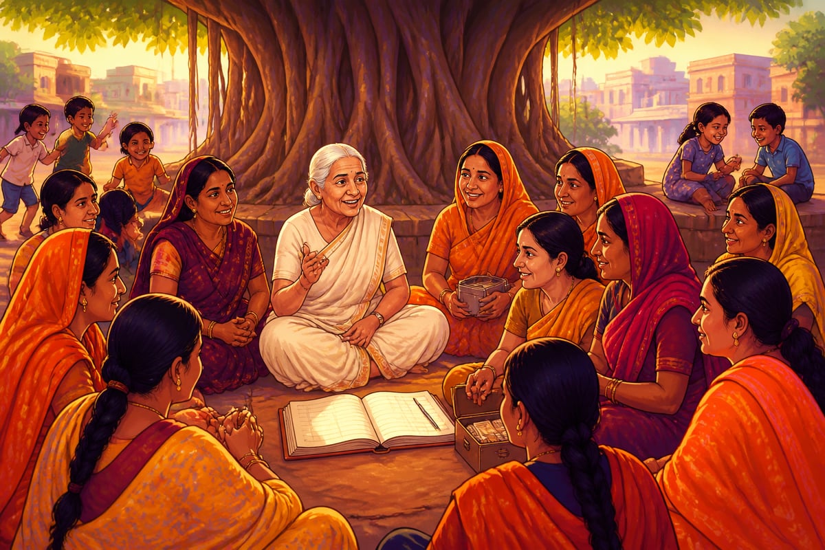 Ela Bhatt with SEWA women in cooperative savings circle