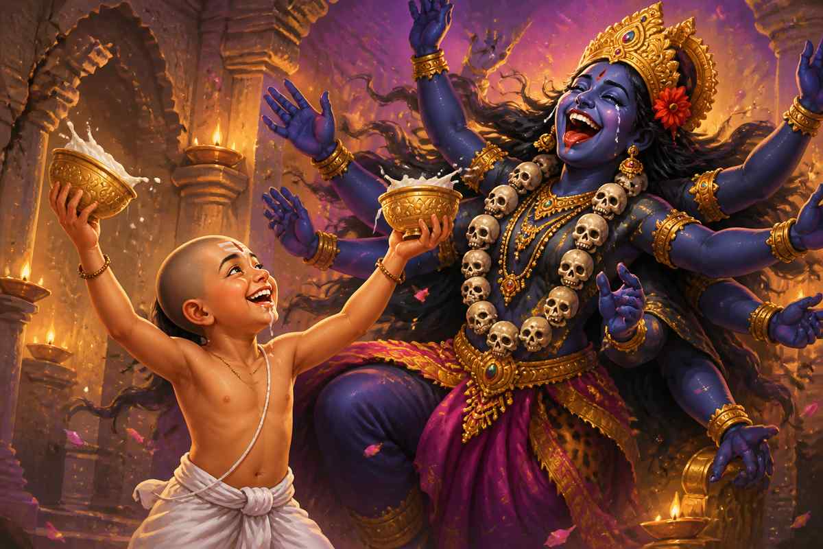 Tenali drinks both bowls and Kali laughs