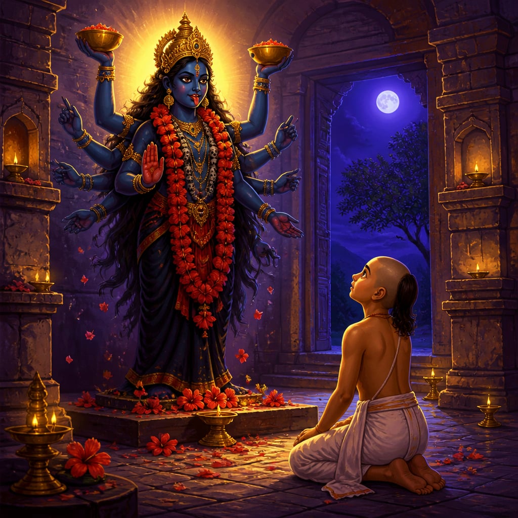 Goddess Kali offers young Tenali two golden bowls in the moonlit hilltop temple