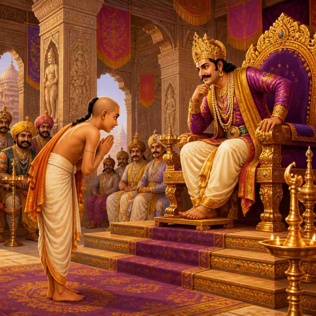 Young Tenali bows before King Krishnadevaraya in the grand audience hall of Vijayanagara