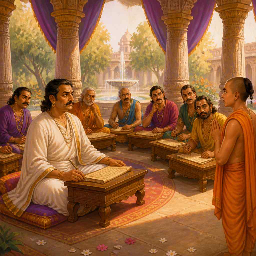 The eight Ashtadiggajas poets in council as young Tenali stands humbly nearby