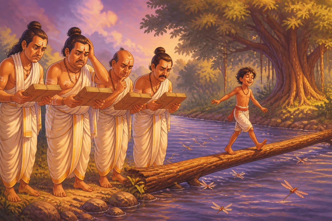 Four scholars helpless at the river as a village boy crosses