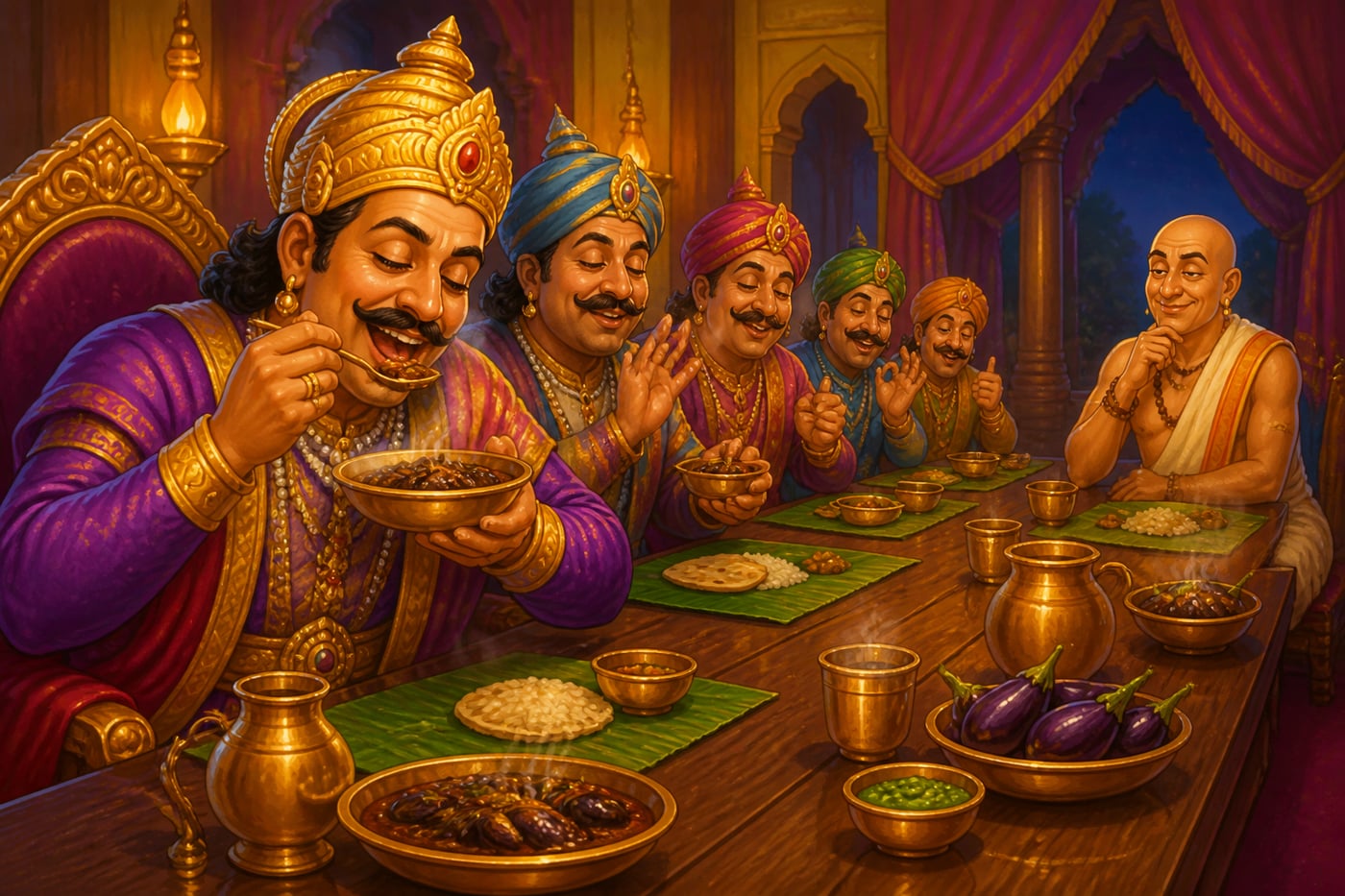 King and courtiers eating brinjal curry happily
