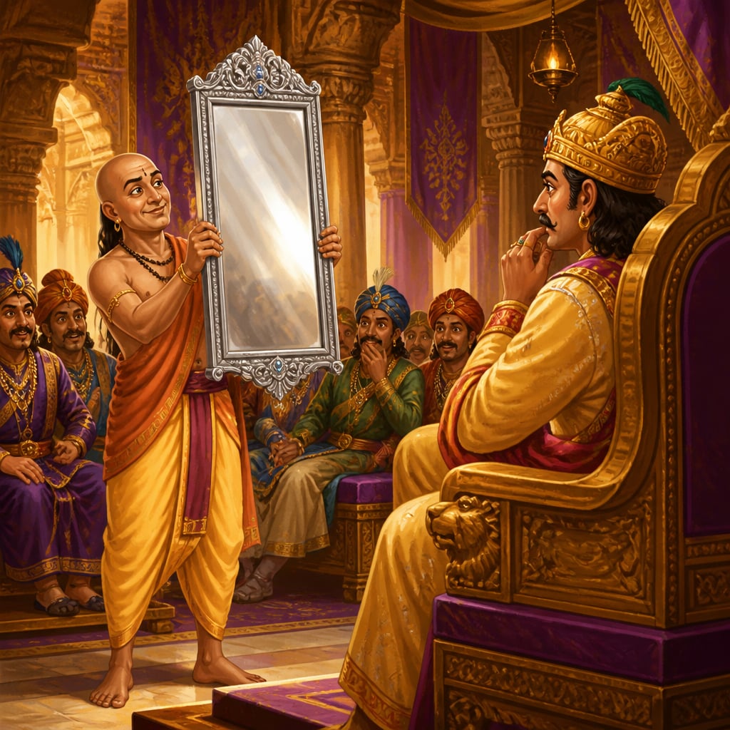 Tenali holds up a tall silver mirror so the king sees only his own face