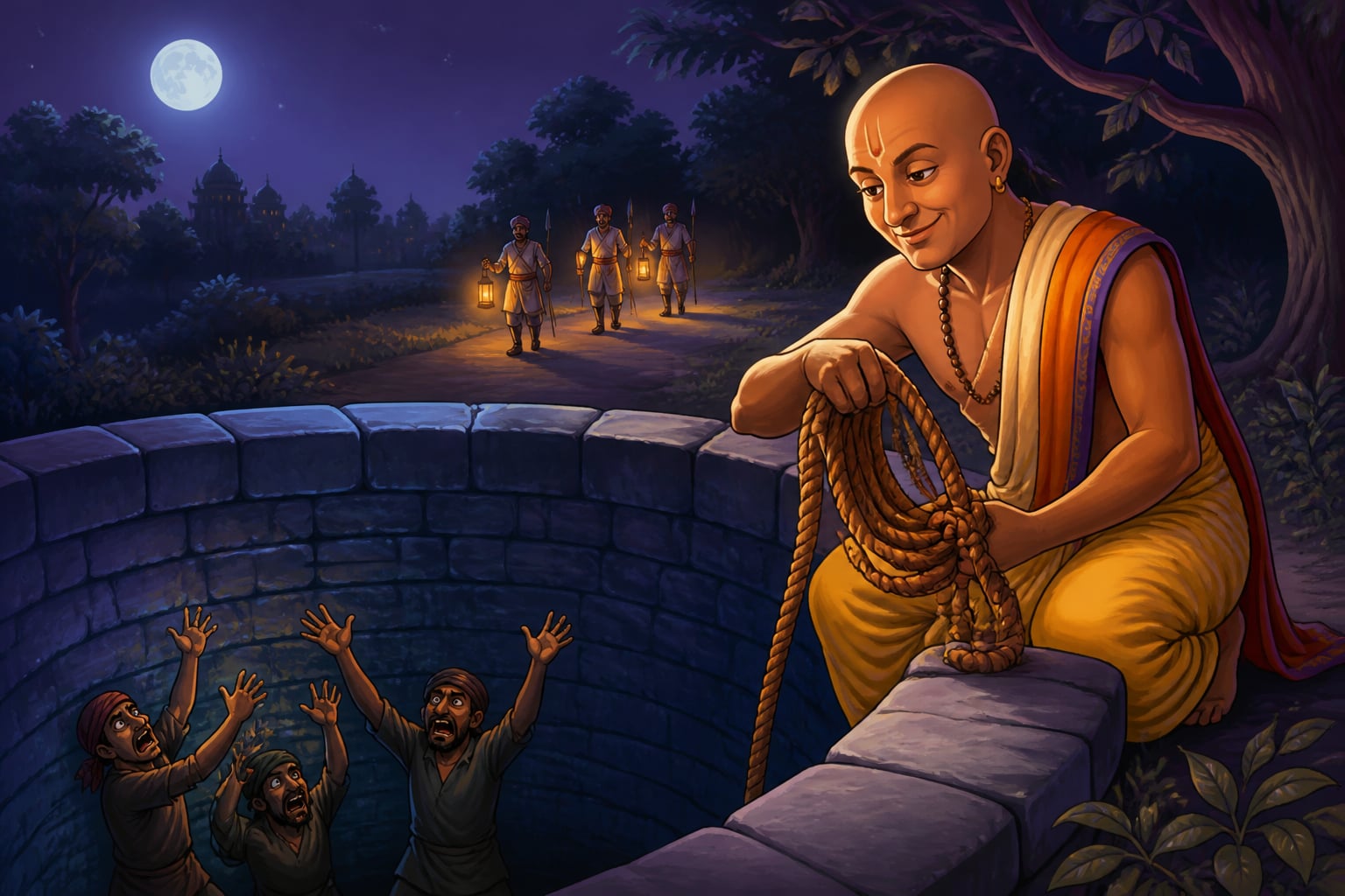 Tenali pulls up the rope trapping the thieves below
