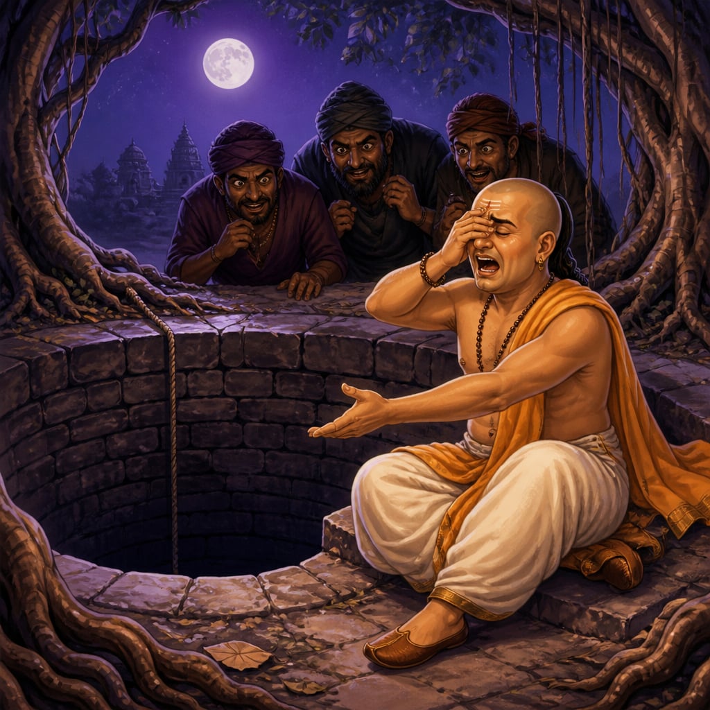 Tenali sobs by the rim of an old stone well at night as thieves listen