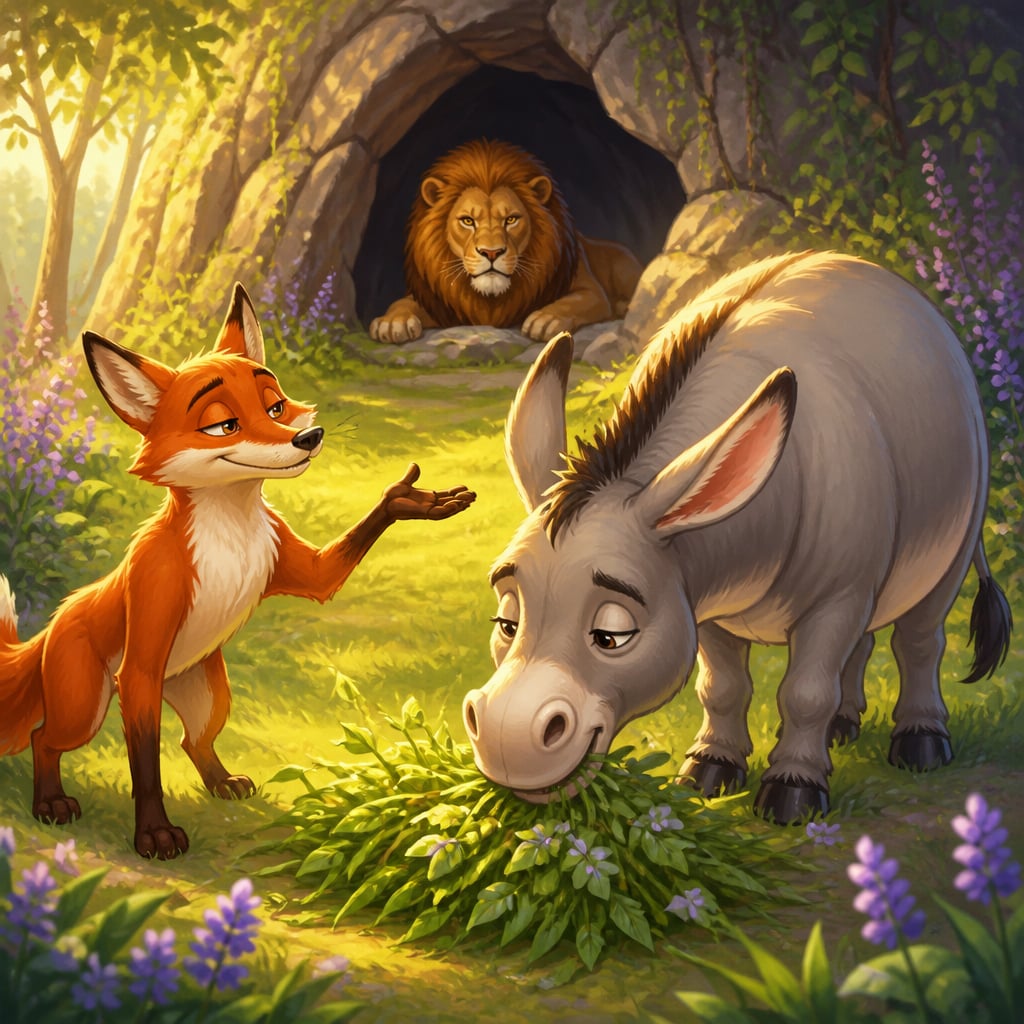 Fox tricks donkey to lion's den while lion watches from shadowed cave
