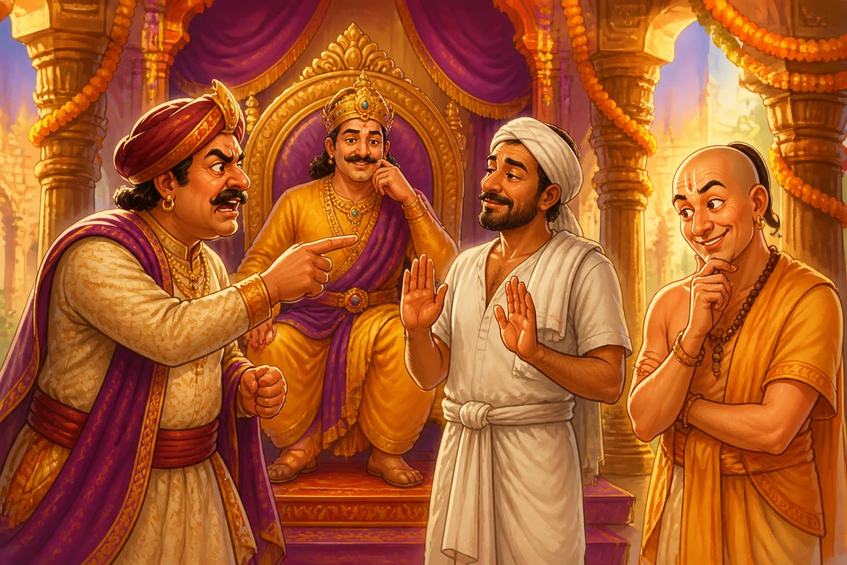 A merchant arguing with a farmer in Krishnadevaraya's court