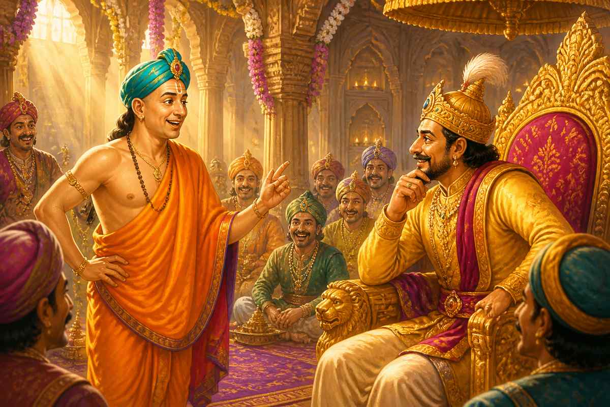 Tenali Rama explaining the moral of the donkey tale to Krishnadevaraya
