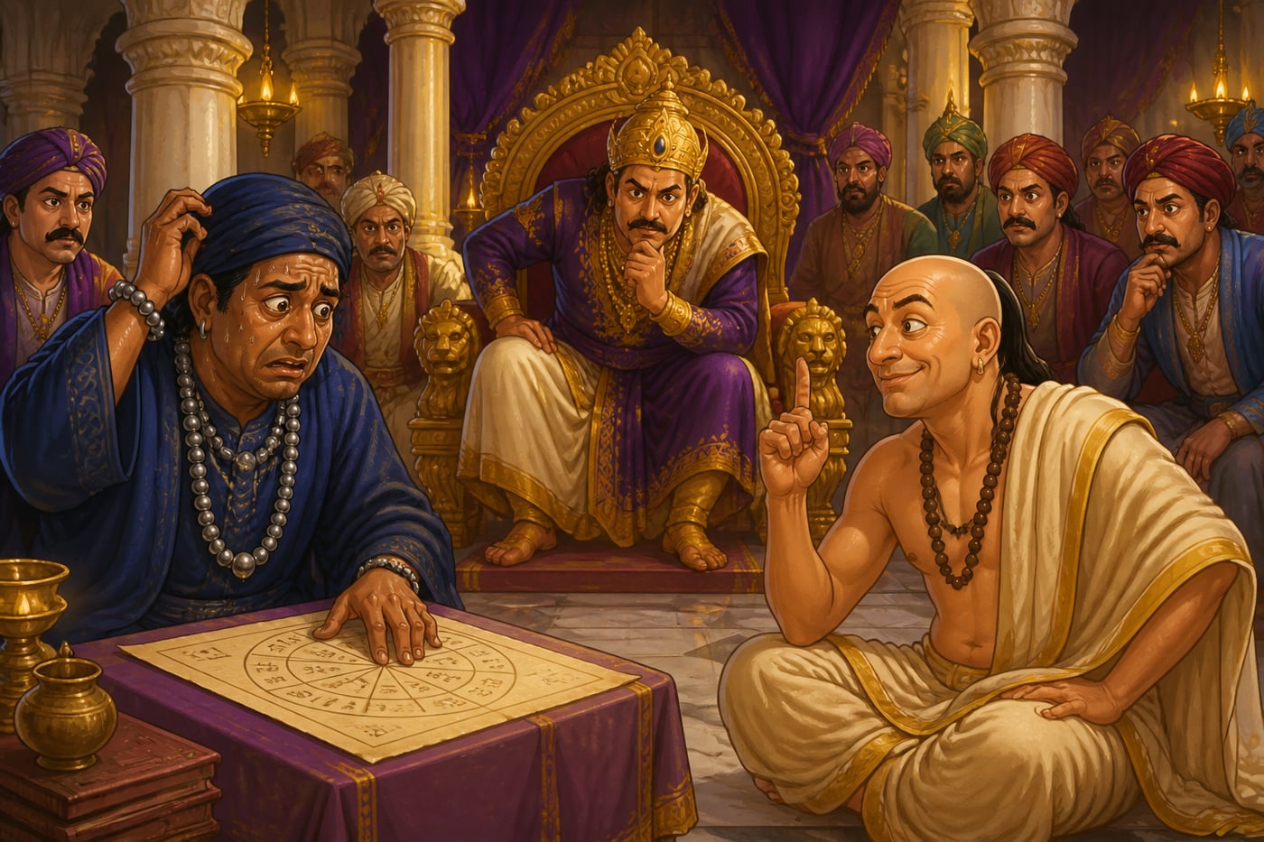 Tenali pressing the fake astrologer for his own death date