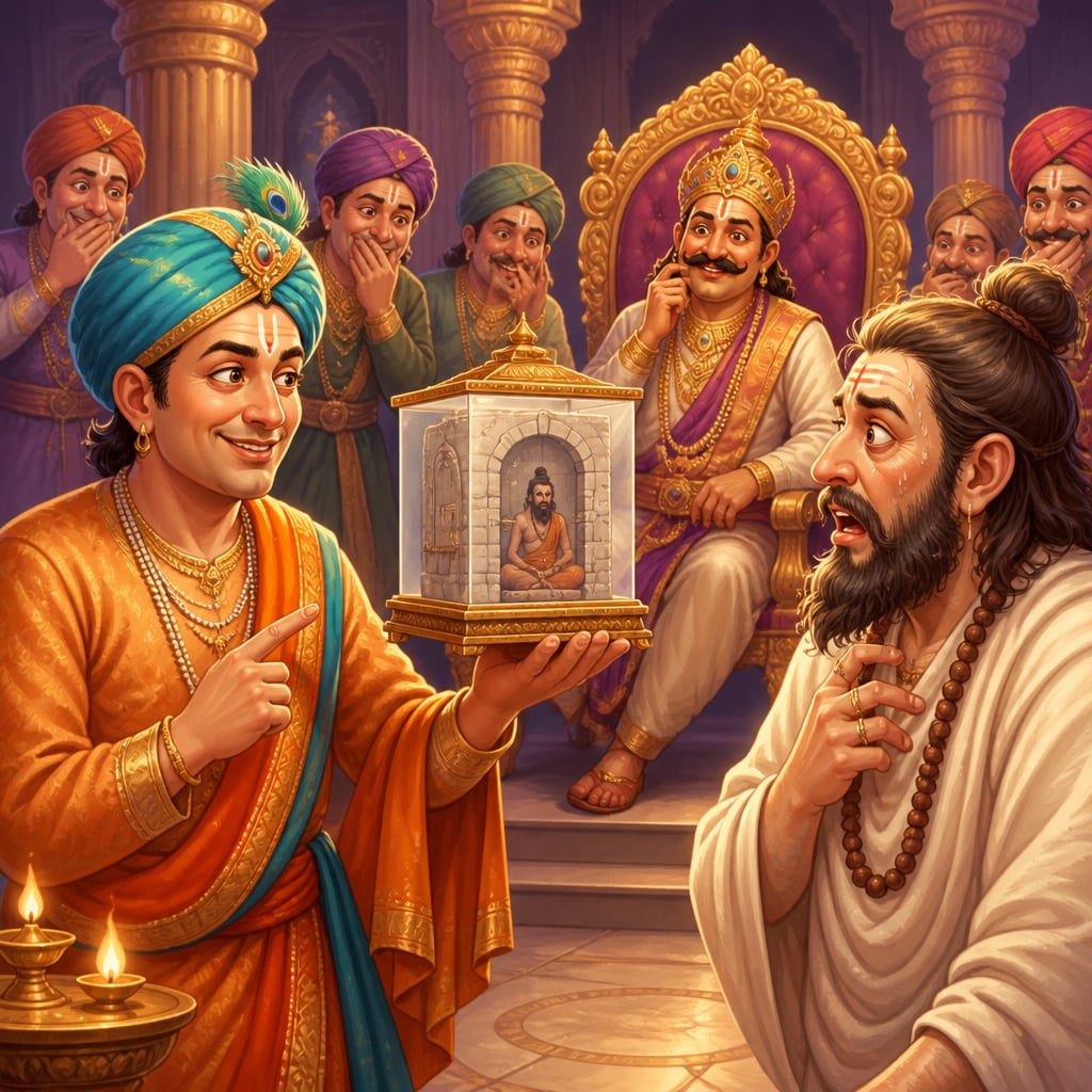 Tenali Rama proposes a sealed glass meditation chamber to the false saint in court