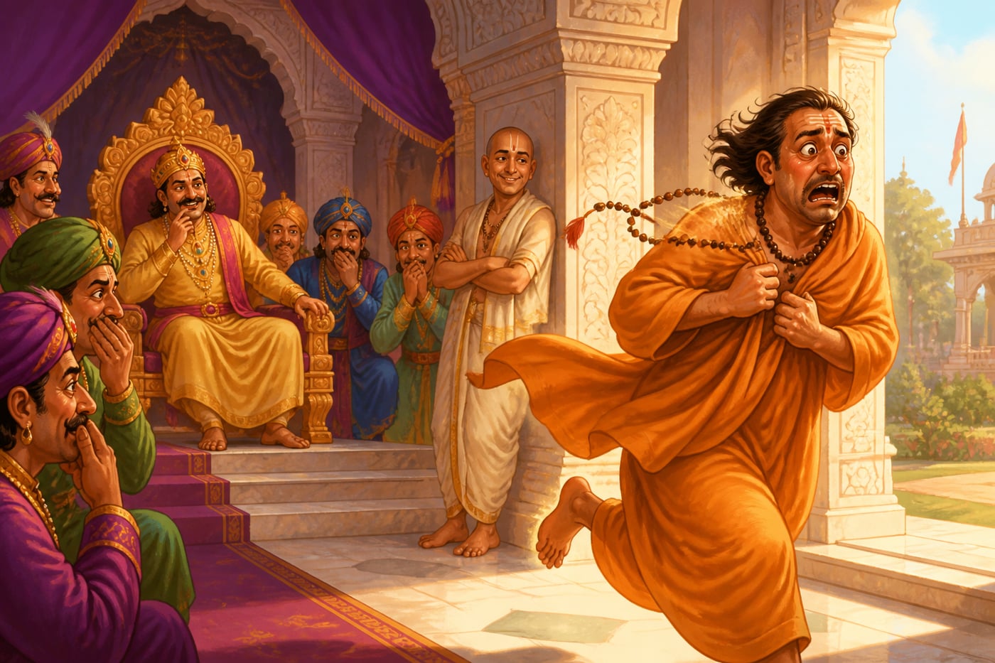 The false saint fleeing Krishnadevaraya's court in embarrassment