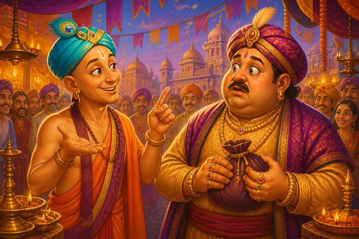 Tenali at the festival asking Govinda what his gold cannot buy