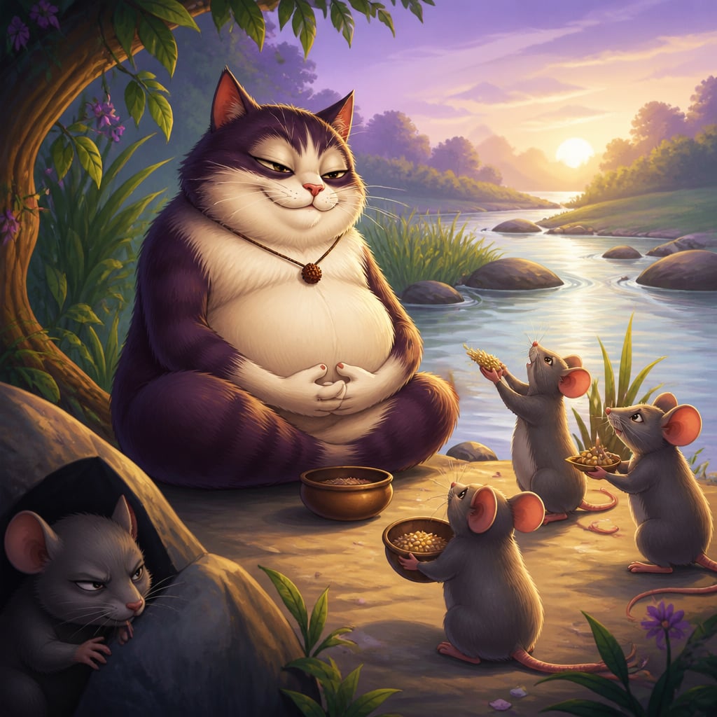 A smug cat in feigned holy posture by the river, mice gathering nearby
