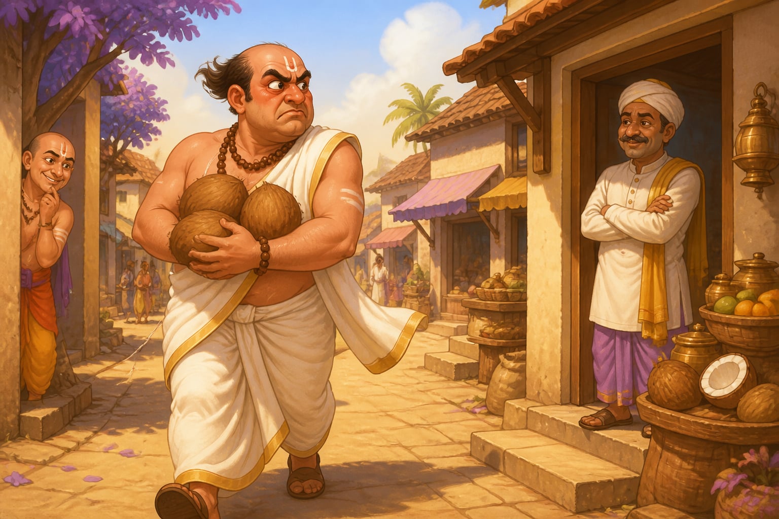 Devaraksha storming off with three coconuts after his mask slipped