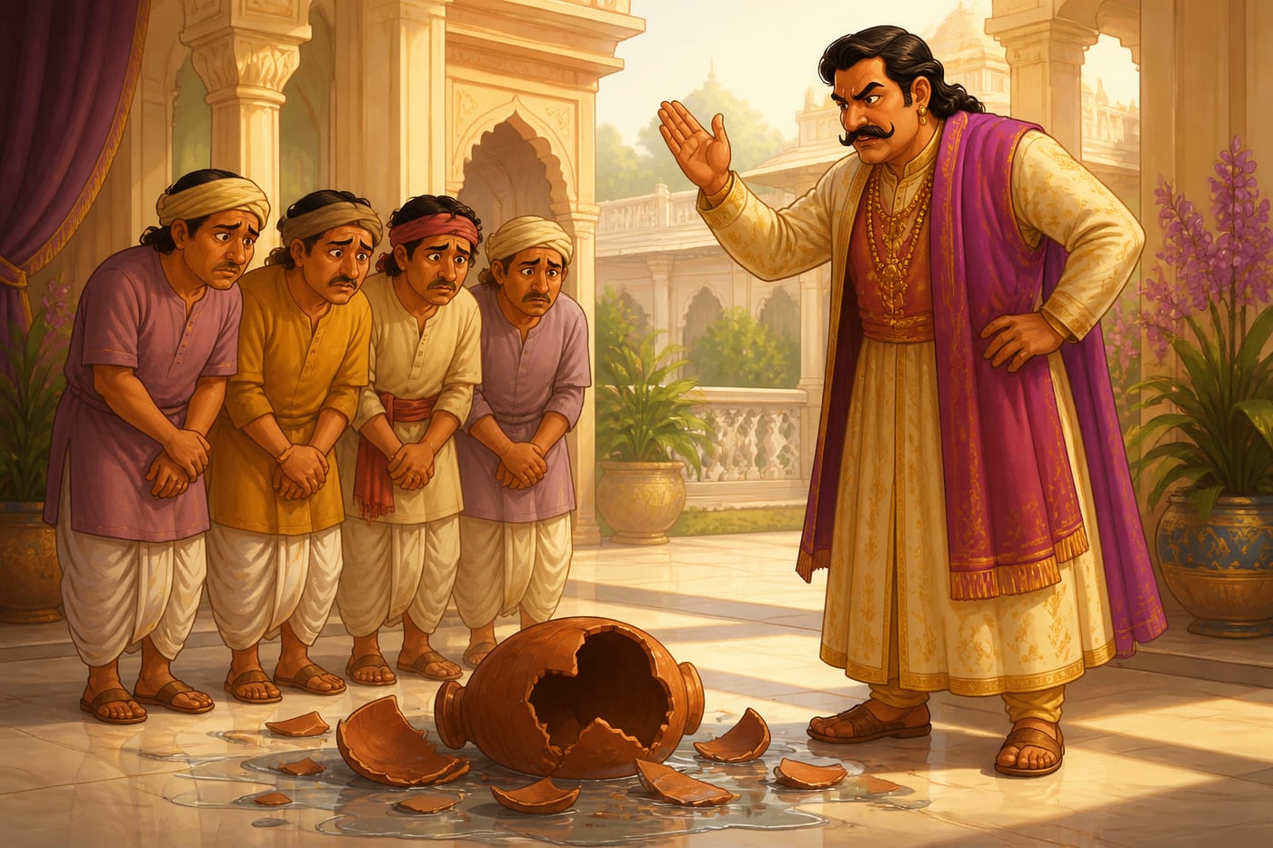 A lord scolding his frightened servants over a shattered pitcher