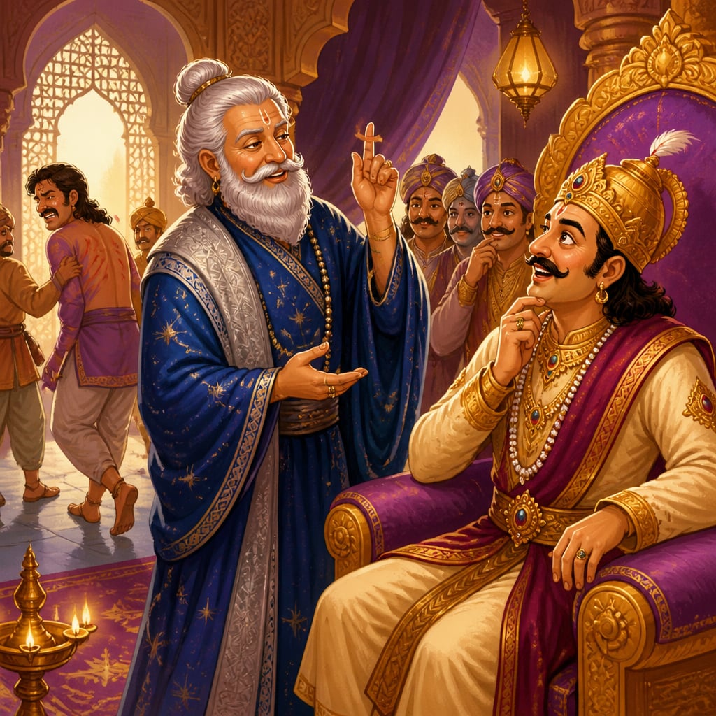 A wise older astrologer in blue robes reframes the king's dream before the throne
