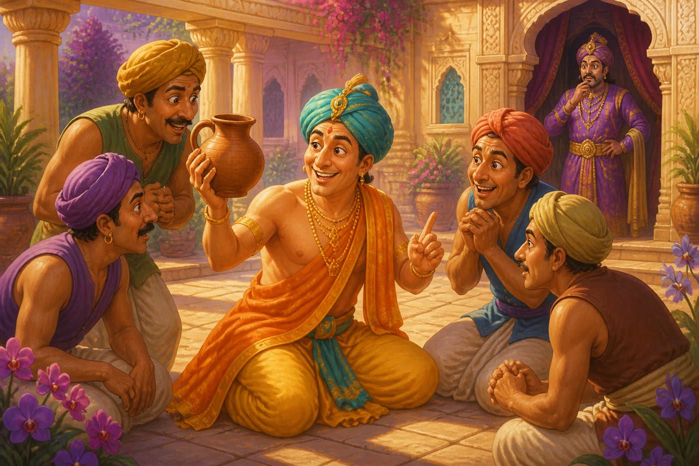 Tenali revealing the ancient secret of carrying pitchers to the servants