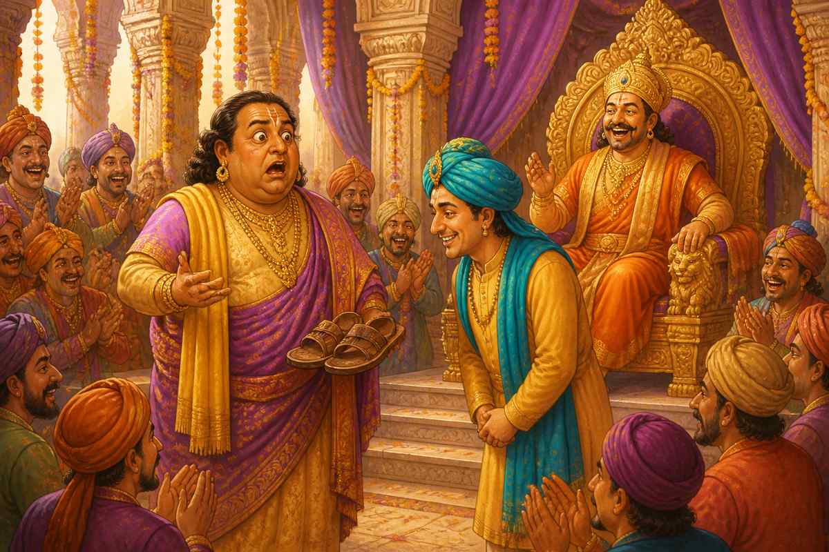 Bhavabhuti standing speechless as the court applauds Tenali's reframe