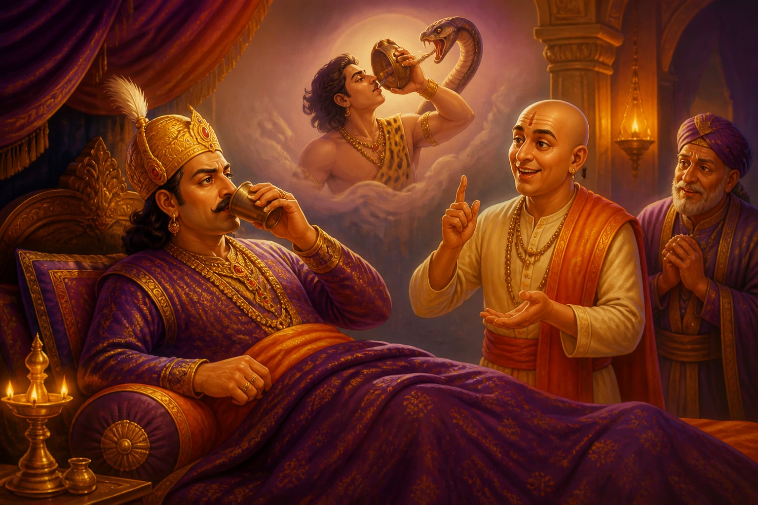 King Krishnadevaraya drinking the bitter medicine reframed as serpent venom