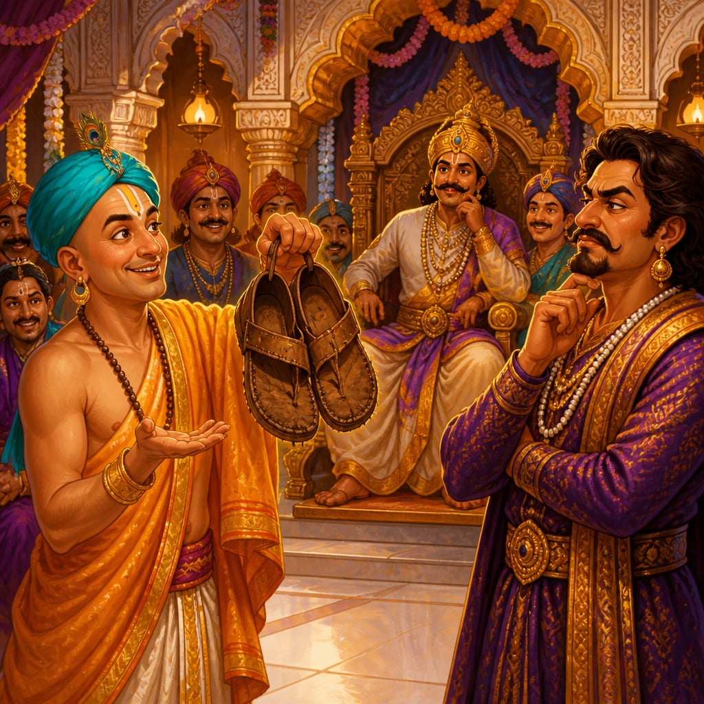 Tenali Rama smiling as he reinterprets a pair of worn sandals gifted by rival poet Bhavabhuti