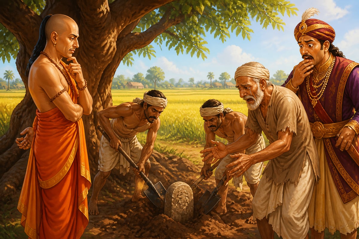 Tenali uncovering the old farmer's father's stone marker under the mango tree
