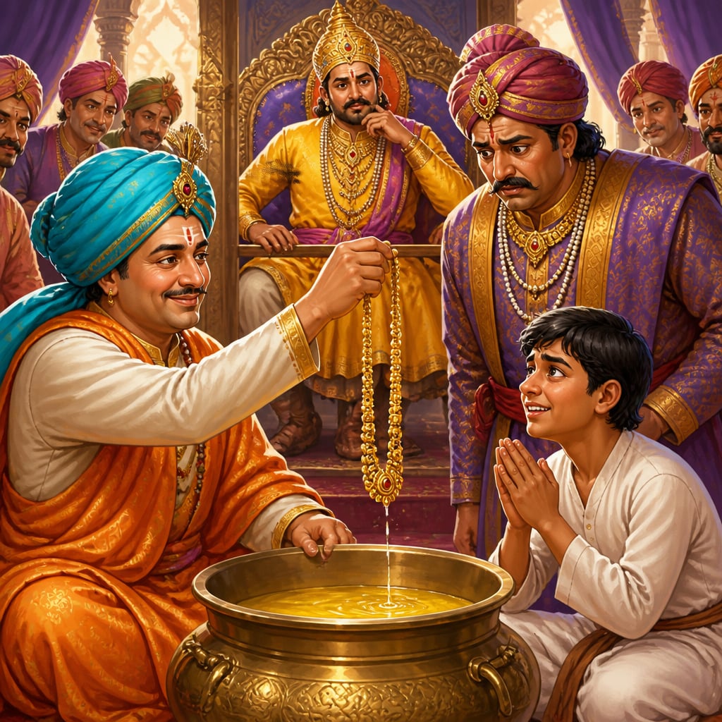 Tenali drops the necklace in water and reveals turmeric staining