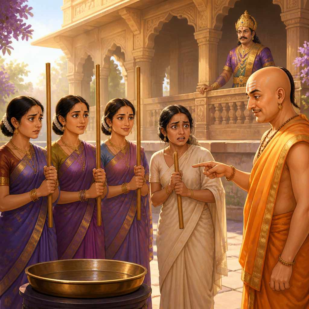 Tenali points out the guilty maid holding the shortened stick