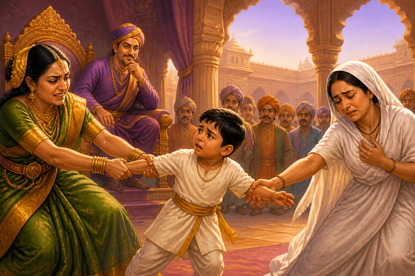 Shakuntala letting go of the boy in the tug-of-war test