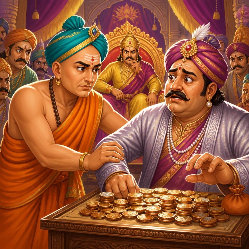 Tenali grips Dhanapati's wrist mid-count to expose the cheating