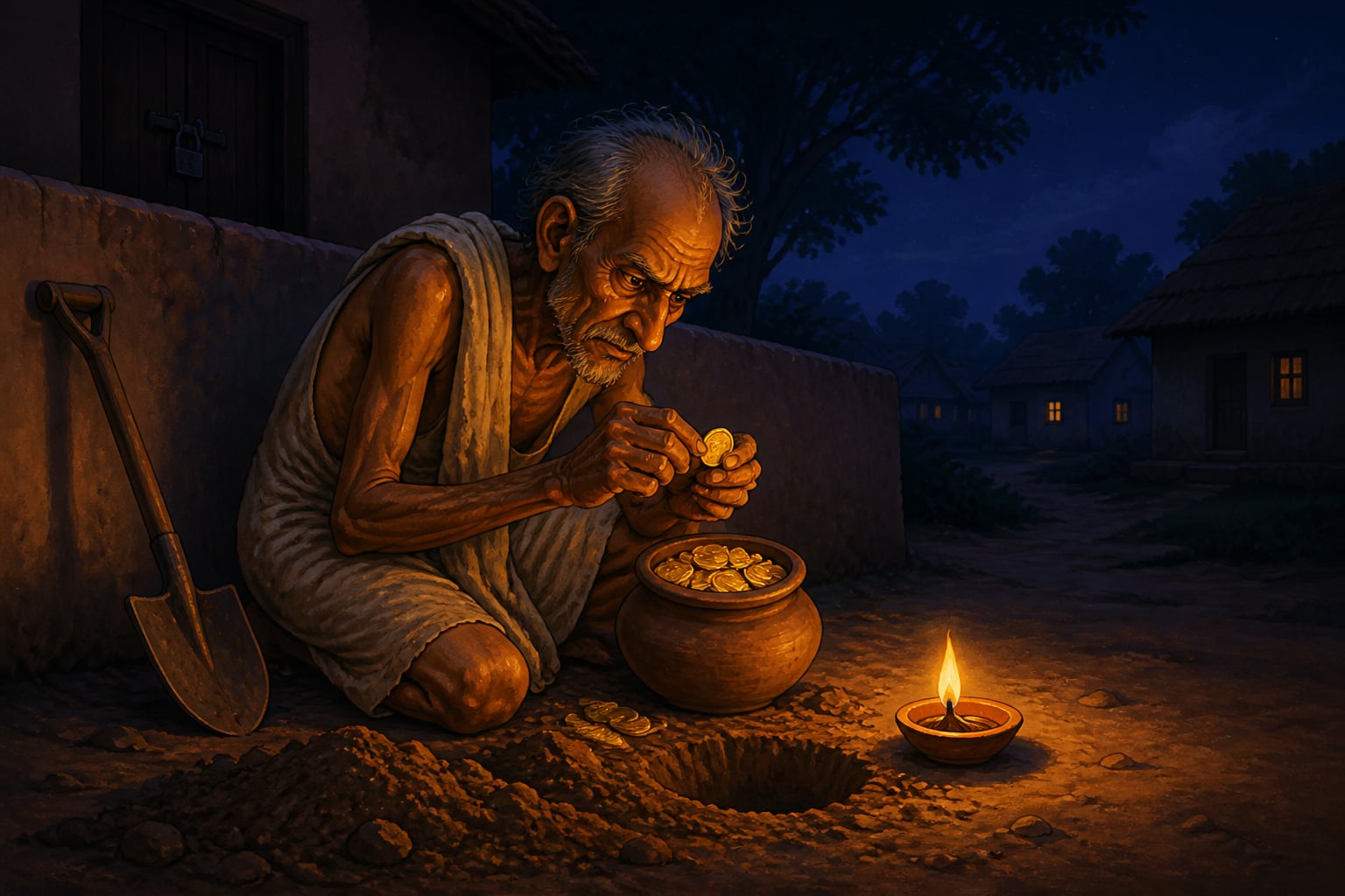 Kripan the miser counting his buried gold at midnight