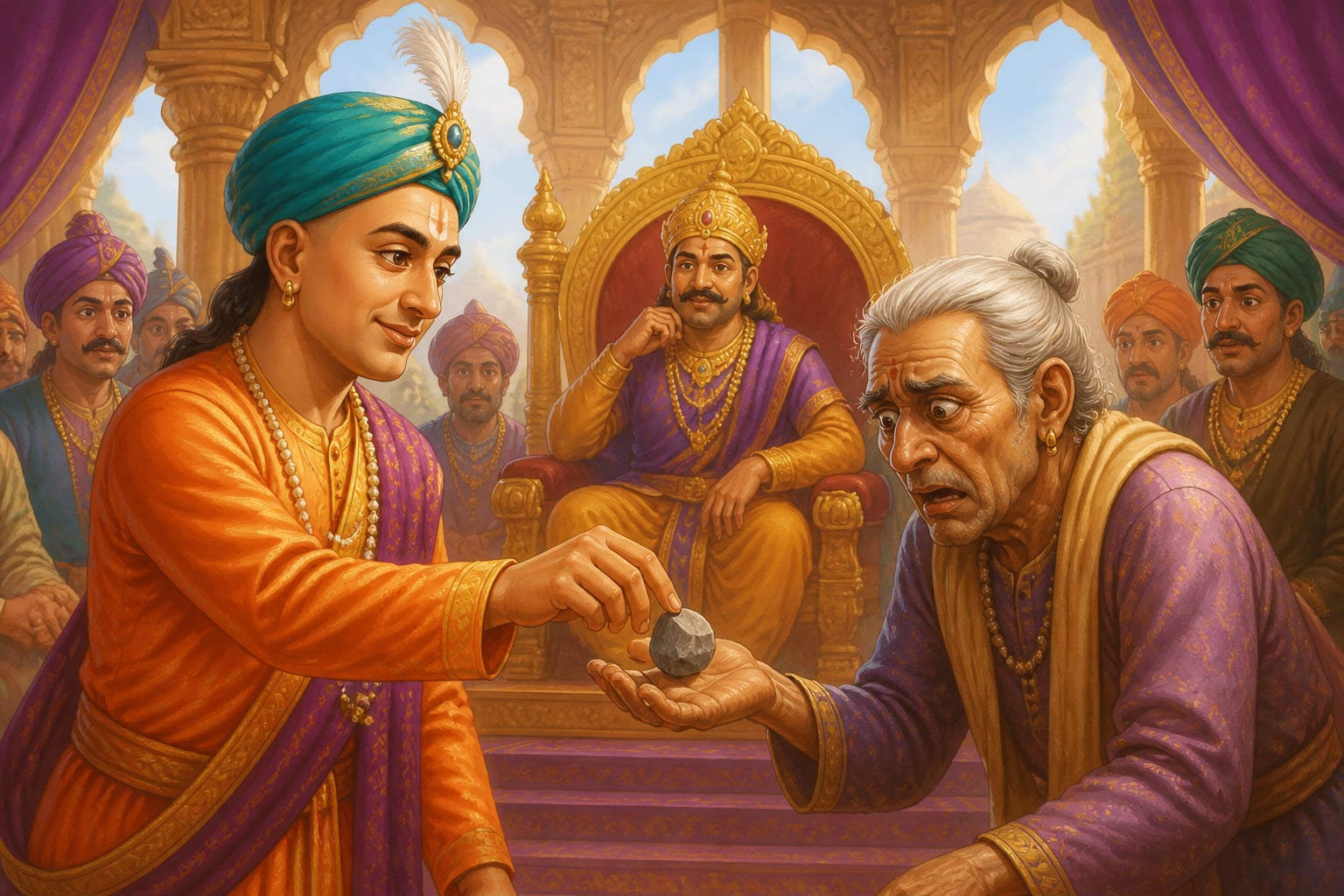 Tenali placing a stone in Kripan's palm to teach the value of unused wealth