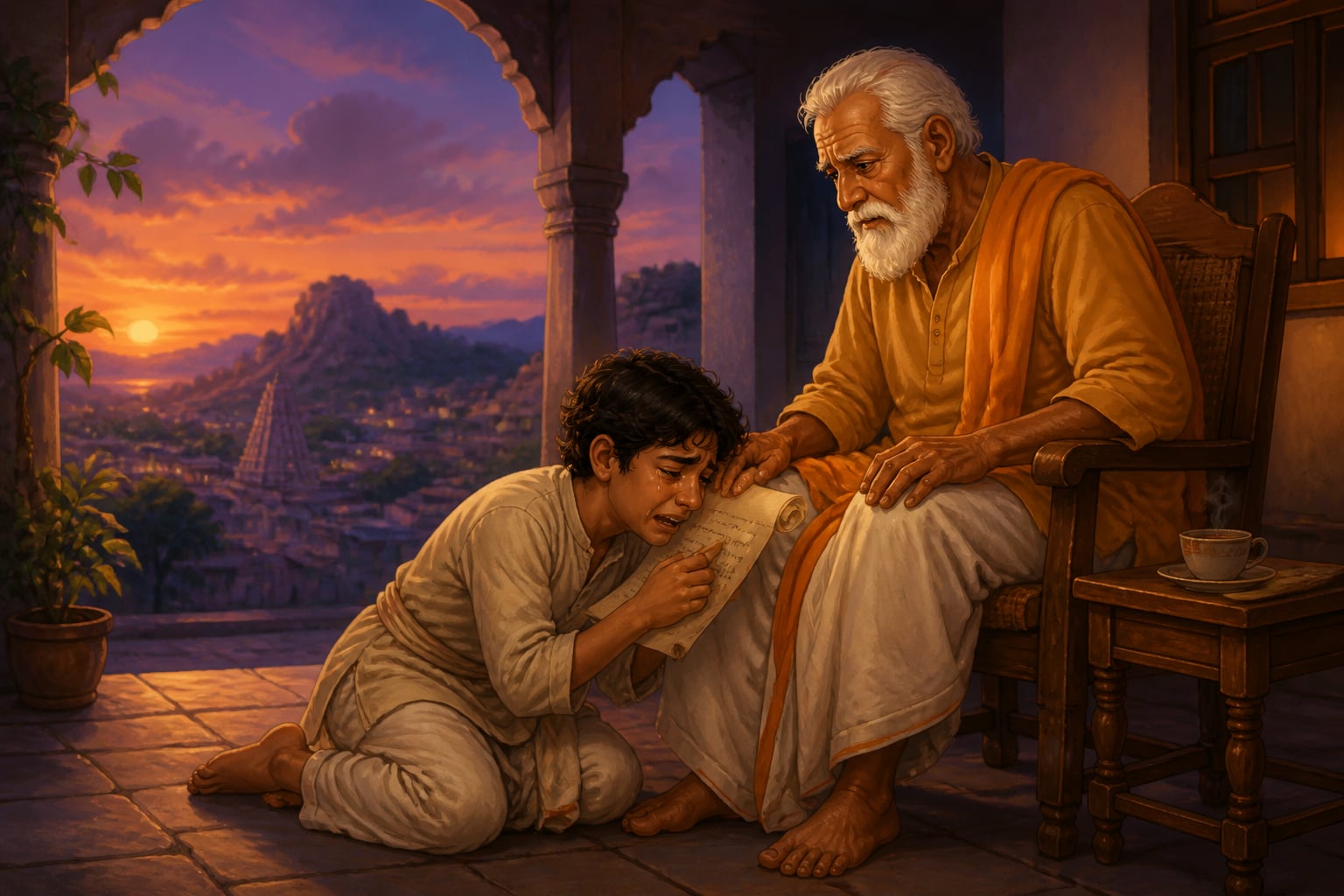 Nyayabhanga's grandson weeping at his grandfather's feet on the verandah