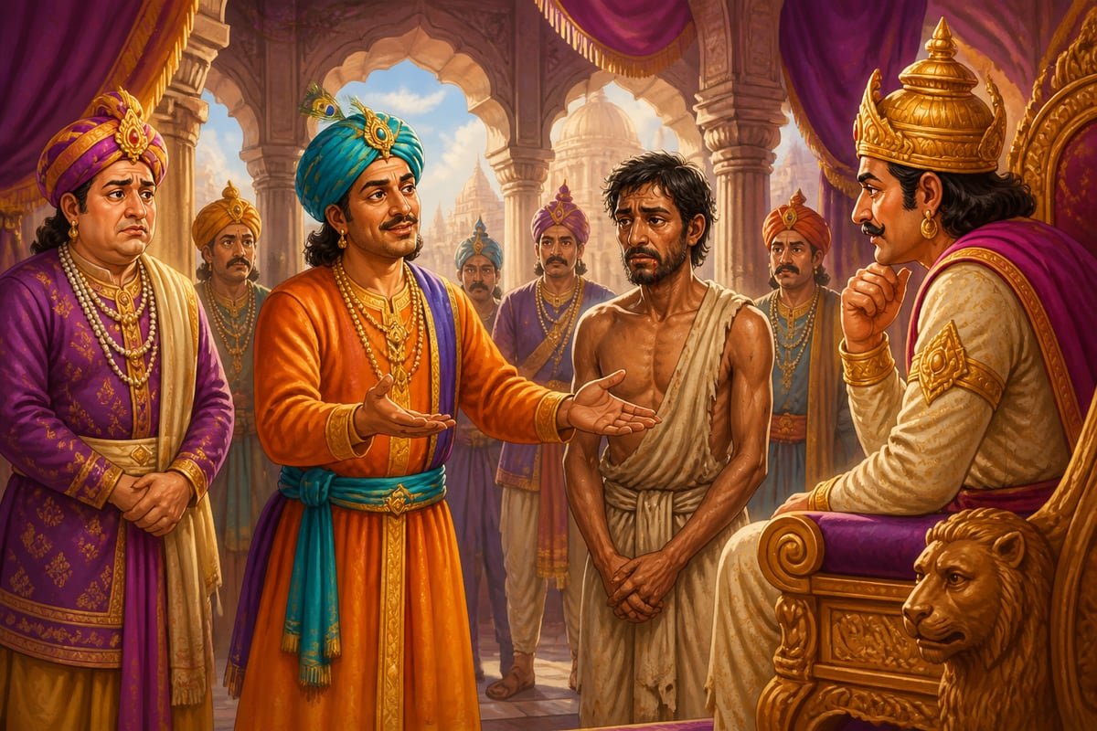 Tenali presenting the bruised beggar's case to the king