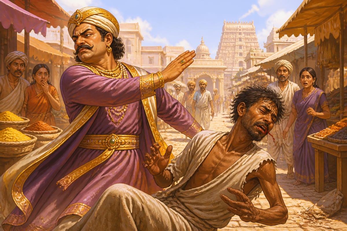 A wealthy merchant striking a beggar in the marketplace
